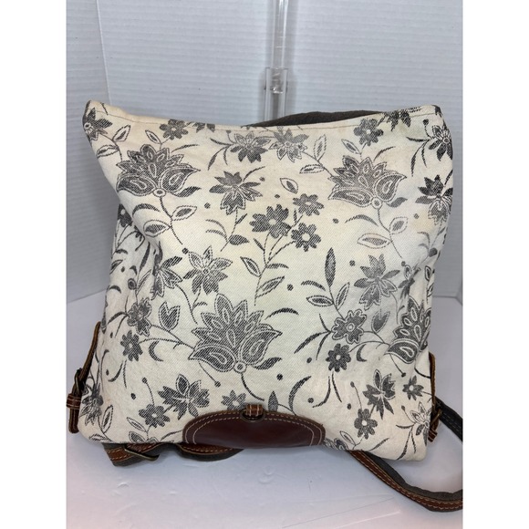 Myra Bag Cowhide Hair On Hide Floral Canvas Backpack Brown White Gray Boho - Picture 2 of 7